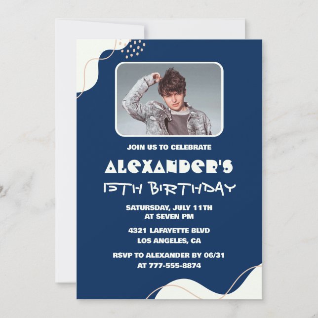 15th birthday invitations Men Photo Simple Navy  (Front)