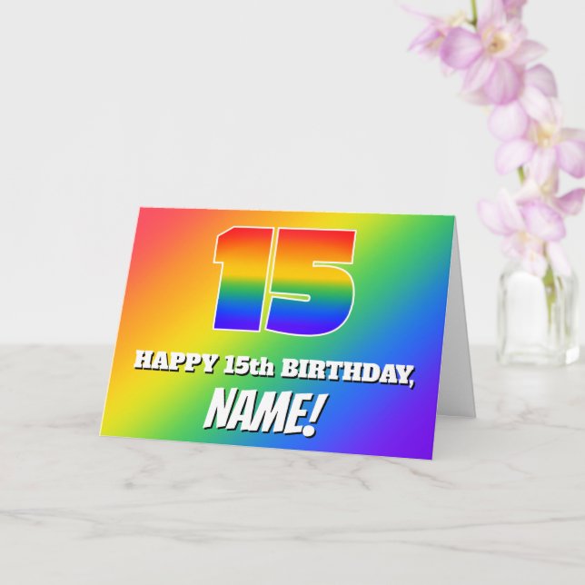 15th Birthday: Multicolored Rainbow Pattern # 15 Card (Orchid)