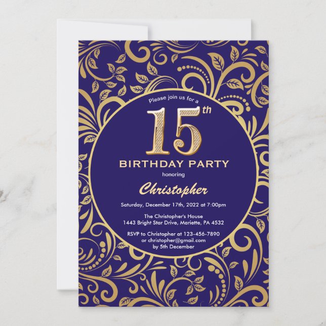 15th Birthday Navy Blue and Gold Floral Pattern Invitation (Front)