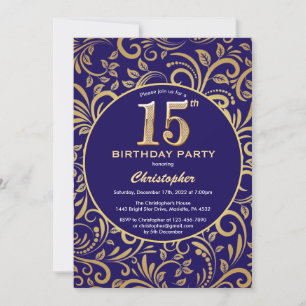 15th Birthday Navy Blue and Gold Floral Pattern Invitation
