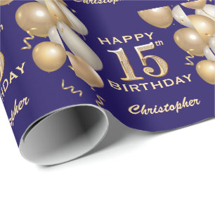 15th Birthday Navy Blue and Gold Glitter Balloons Wrapping Paper