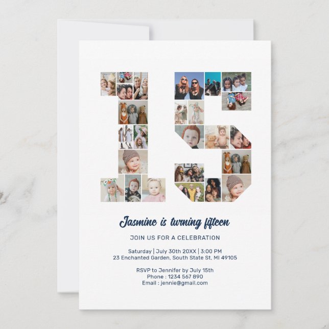 15th Birthday Number 15 Custom Photo Collage Invitation (Front)