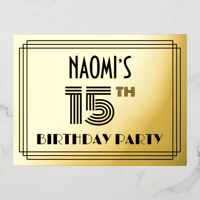 15th Birthday Party ~ Art Deco Style “15” + Name Foil Invitation Postcard (Front)