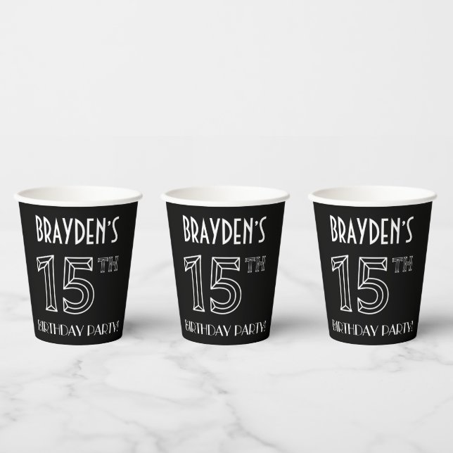 15th Birthday Party: Art Deco Style + Custom Name Paper Cups (Multi)