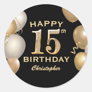 15th Birthday Party Black and Gold Balloons Classic Round Sticker