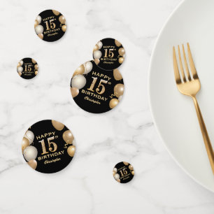 15th Birthday Party Black and Gold Balloons Confetti