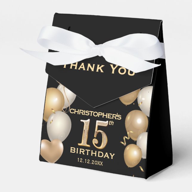 15th Birthday Party Black and Gold Balloons Favor Box (Front Side)