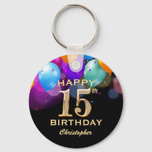 15th Birthday Party Black and Gold Balloons Keychain