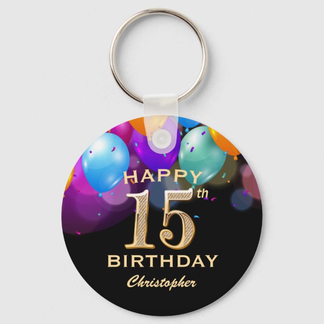 15th Birthday Party Black and Gold Balloons Keychain (Front)