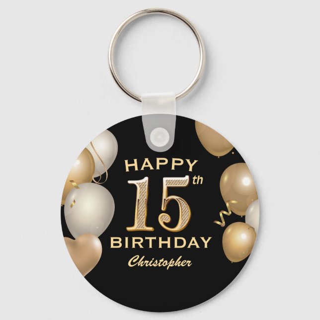 15th Birthday Party Black and Gold Balloons Keychain (Front)