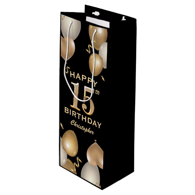 15th Birthday Party Black and Gold Balloons Wine Gift Bag (Front Angled)