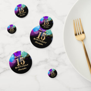15th Birthday Party Black and Gold Confetti