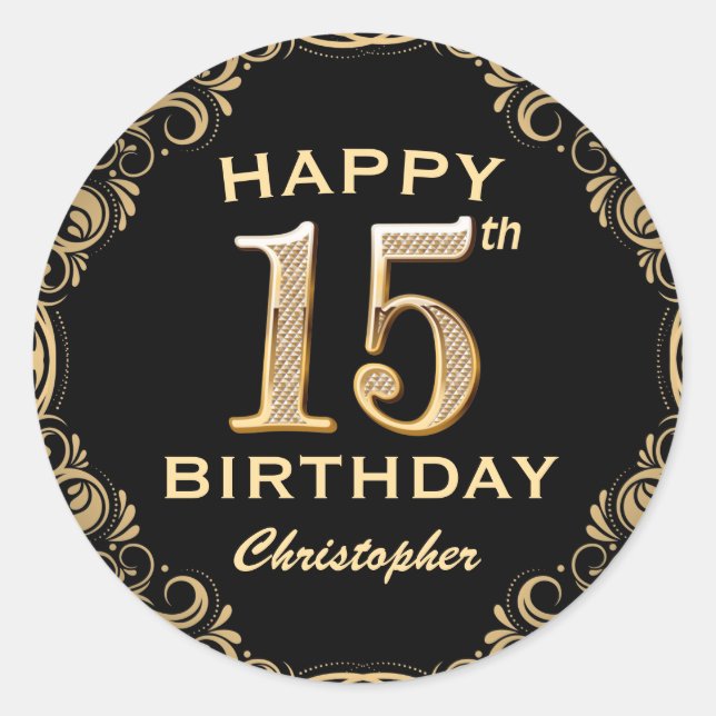 15th Birthday Party Black and Gold Glitter Frame Classic Round Sticker (Front)