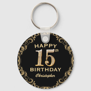 15th Birthday Party Black and Gold Glitter Frame Keychain