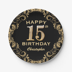 15th Birthday Party Black and Gold Glitter Frame Paper Plate