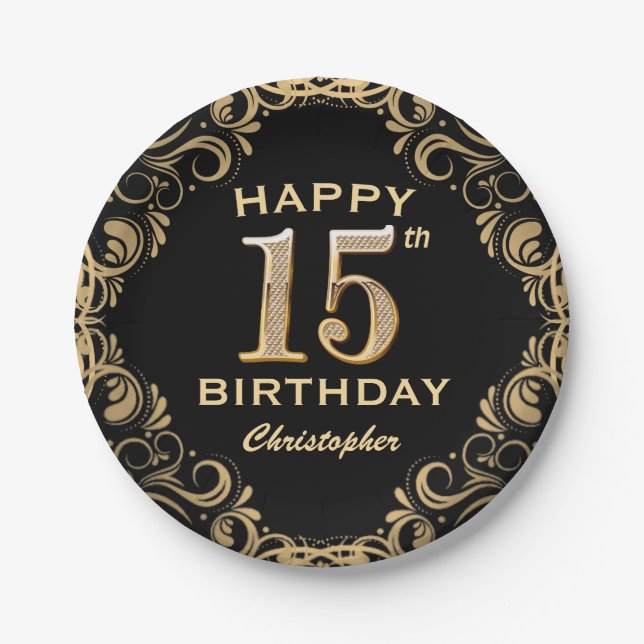 15th Birthday Party Black and Gold Glitter Frame Paper Plate (Front)