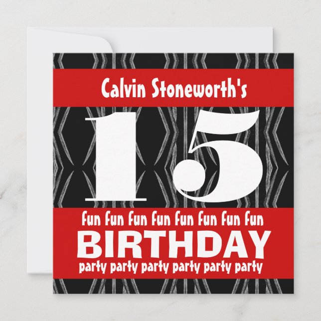 15th Birthday Party Black Red White Contemporary Invitation (Front)