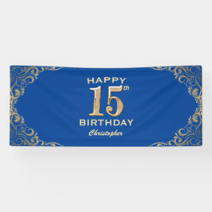 15th Birthday Party Blue and Gold Glitter Frame Banner