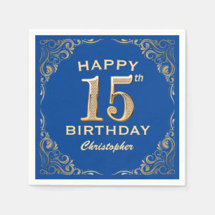 15th Birthday Party Blue and Gold Glitter Frame Napkin