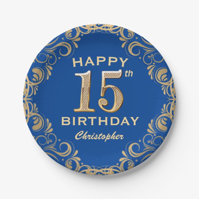 15th Birthday Party Blue and Gold Glitter Frame Paper Plate (Front)