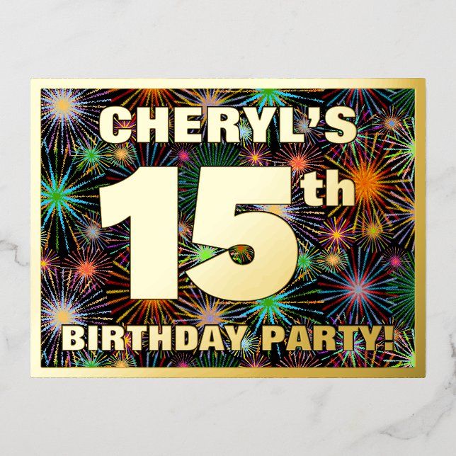 15th Birthday Party: Bold, Colourful Fireworks Loo Foil Invitation Postcard (Front)
