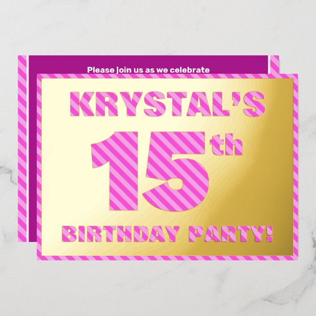 15th Birthday Party — Bold, Fun, Pink Stripes # 15 (Front/Back)