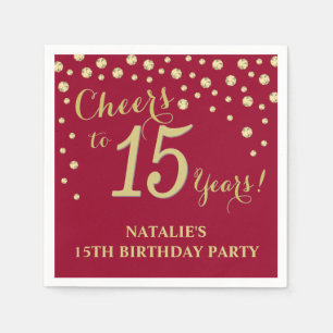 15th Birthday Party Burgundy Red and Gold Diamond Napkin