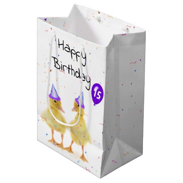 15th Birthday Party Ducks with Balloon Medium Gift Bag (Front Angled)