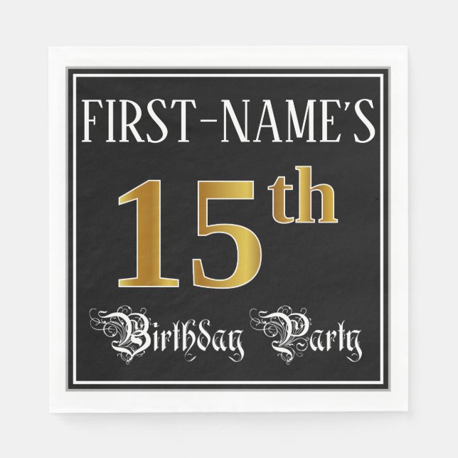 15th Birthday Party — Fancy Script, Faux Gold Look Napkin (Front)
