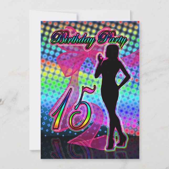 15th Birthday Party Invitation, Neon With Female S Invitation (Front)