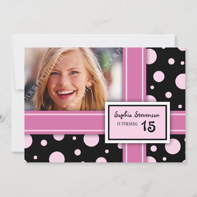 15th Birthday Party Invitation Pink Black Dots (Front)