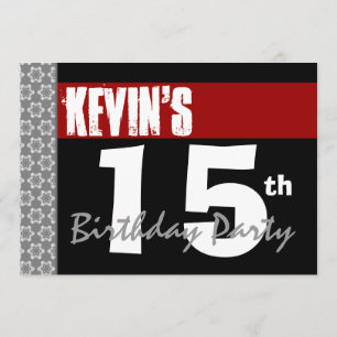 15th Birthday Party Modern Red Black and White 2E Invitation