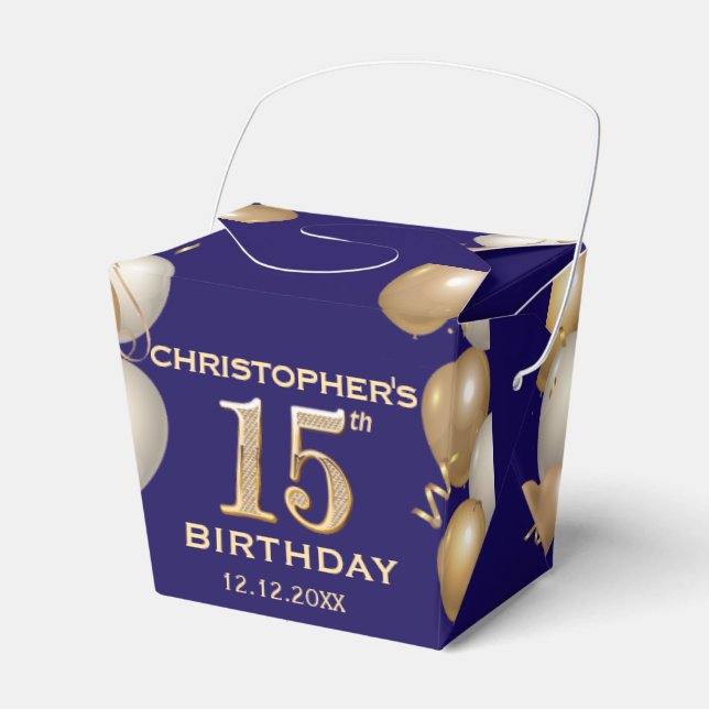15th Birthday Party Navy Blue and Gold Balloons Favor Box (Front Side)