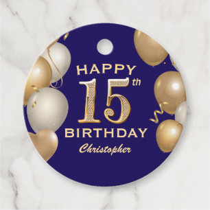 15th Birthday Party Navy Blue and Gold Balloons Favour Tags
