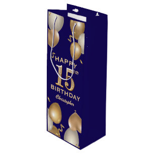 15th Birthday Party Navy Blue and Gold Balloons Wine Gift Bag