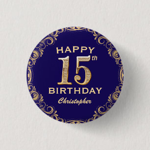 15th Birthday Party Navy Blue and Gold Glitter 1 Inch Round Button
