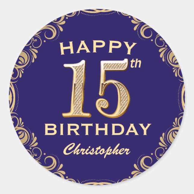 15th Birthday Party Navy Blue and Gold Glitter Classic Round Sticker (Front)