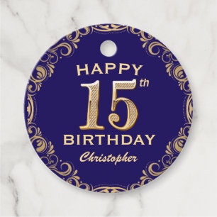 15th Birthday Party Navy Blue and Gold Glitter Favour Tags