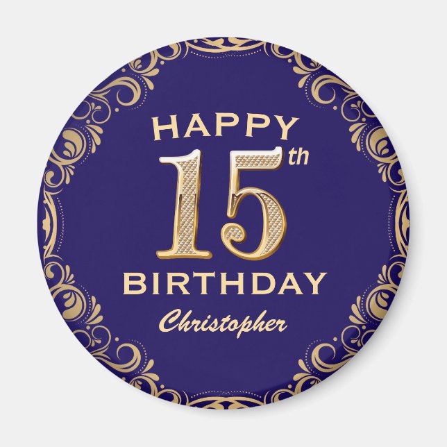 15th Birthday Party Navy Blue and Gold Glitter Magnet (Front)