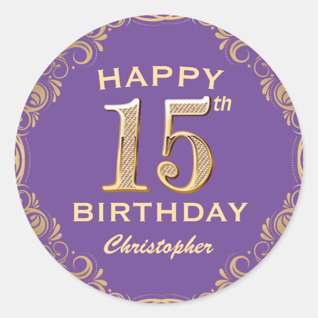 15th Birthday Party Purple and Gold Glitter Frame Classic Round Sticker (Front)