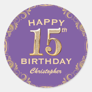 15th Birthday Party Purple and Gold Glitter Frame Classic Round Sticker