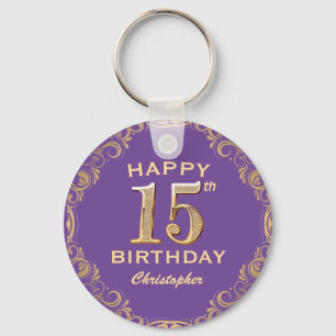 15th Birthday Party Purple and Gold Glitter Frame Keychain