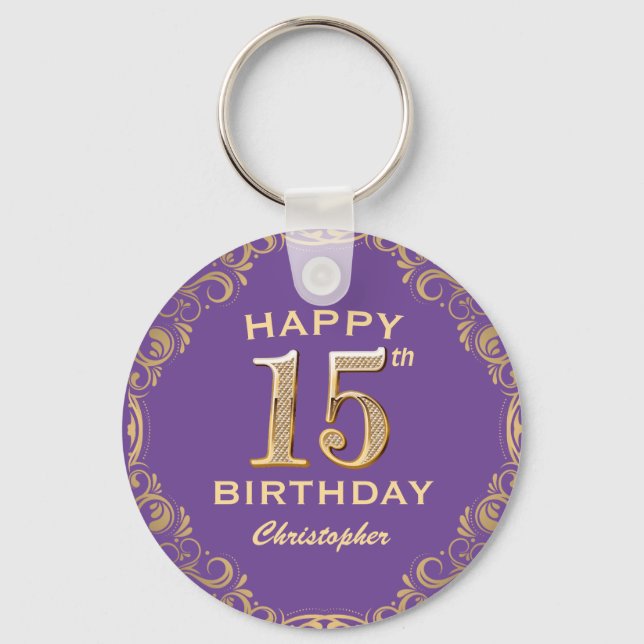 15th Birthday Party Purple and Gold Glitter Frame Keychain (Front)