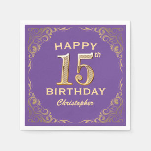 15th Birthday Party Purple and Gold Glitter Frame Napkin