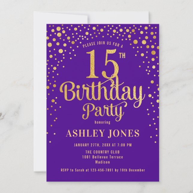 15th Birthday Party - Purple & Gold Invitation (Front)