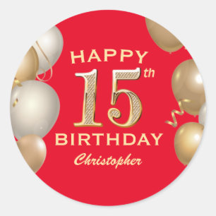 15th Birthday Party Red and Gold Balloons Classic Round Sticker