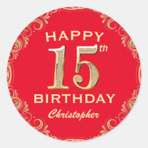 15th Birthday Party Red and Gold Glitter Frame Classic Round Sticker