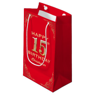 15th Birthday Party Red and Gold Glitter Frame Small Gift Bag
