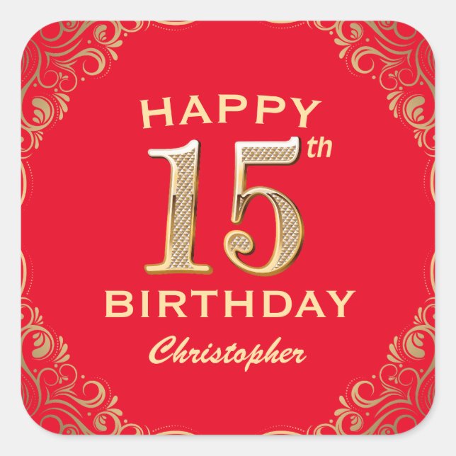 15th Birthday Party Red and Gold Glitter Frame Square Sticker (Front)