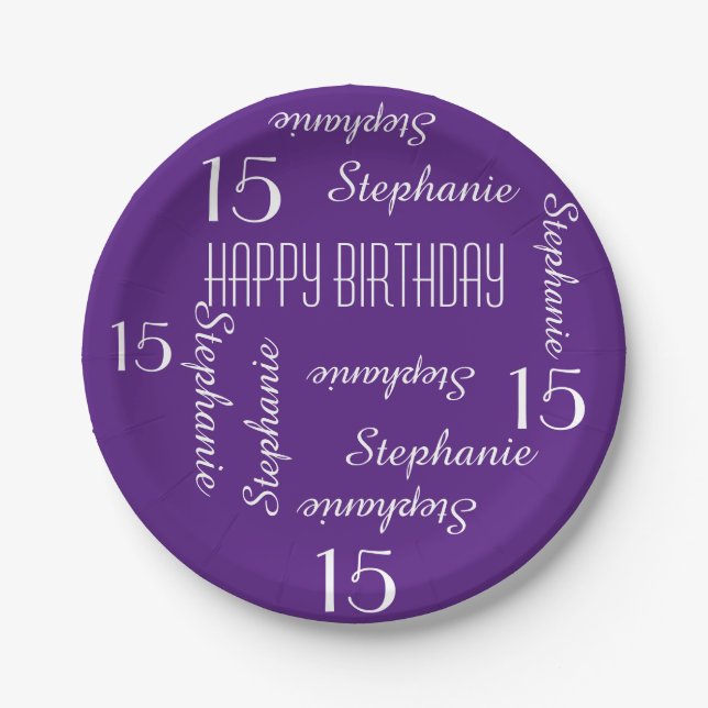 15th Birthday Party Repeating Name Purple Paper Plate (Front)